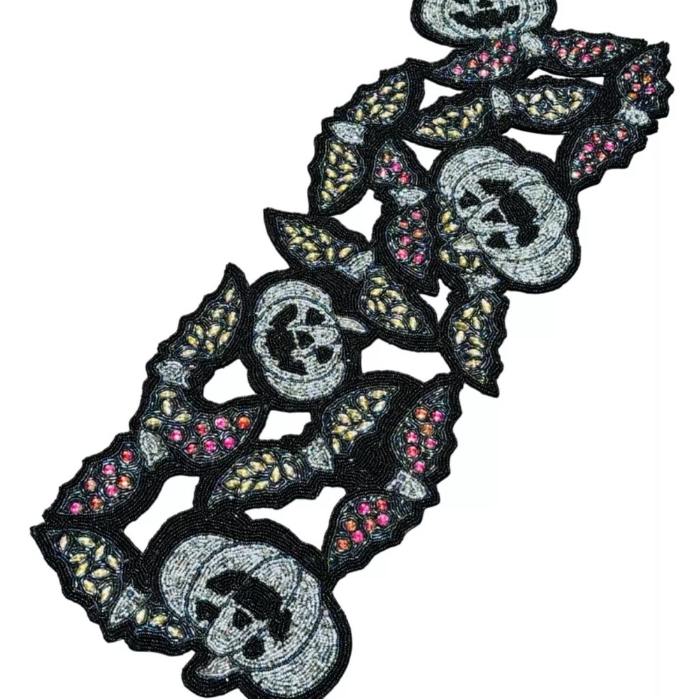 Tahari Halloween Pumpkins Jeweled Bats 36in Beaded Table Runner Centerpiece